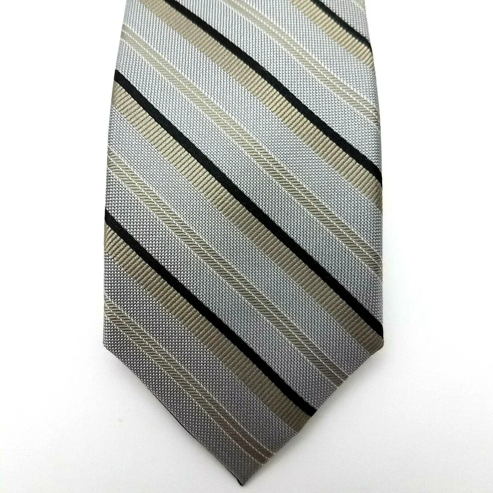Chaps Slim Mens Tie Black Gray Tan Gold Striped Necktie